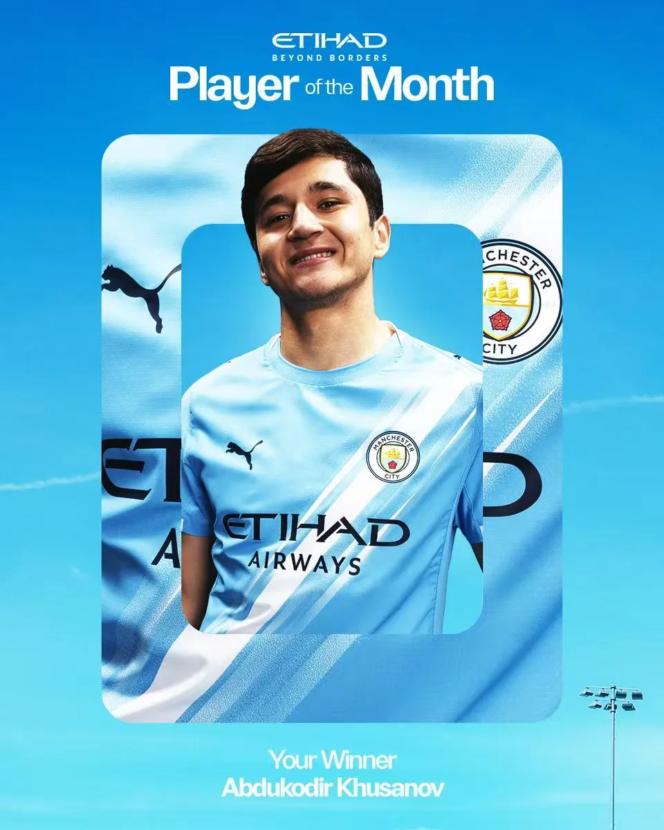 曼城官方：后卫胡桑诺夫当选队内1月最佳球员